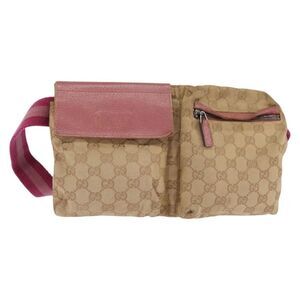 Gucci Vintage Double Belt Bag Gg Canvas With Leather Beige Canvas Bag